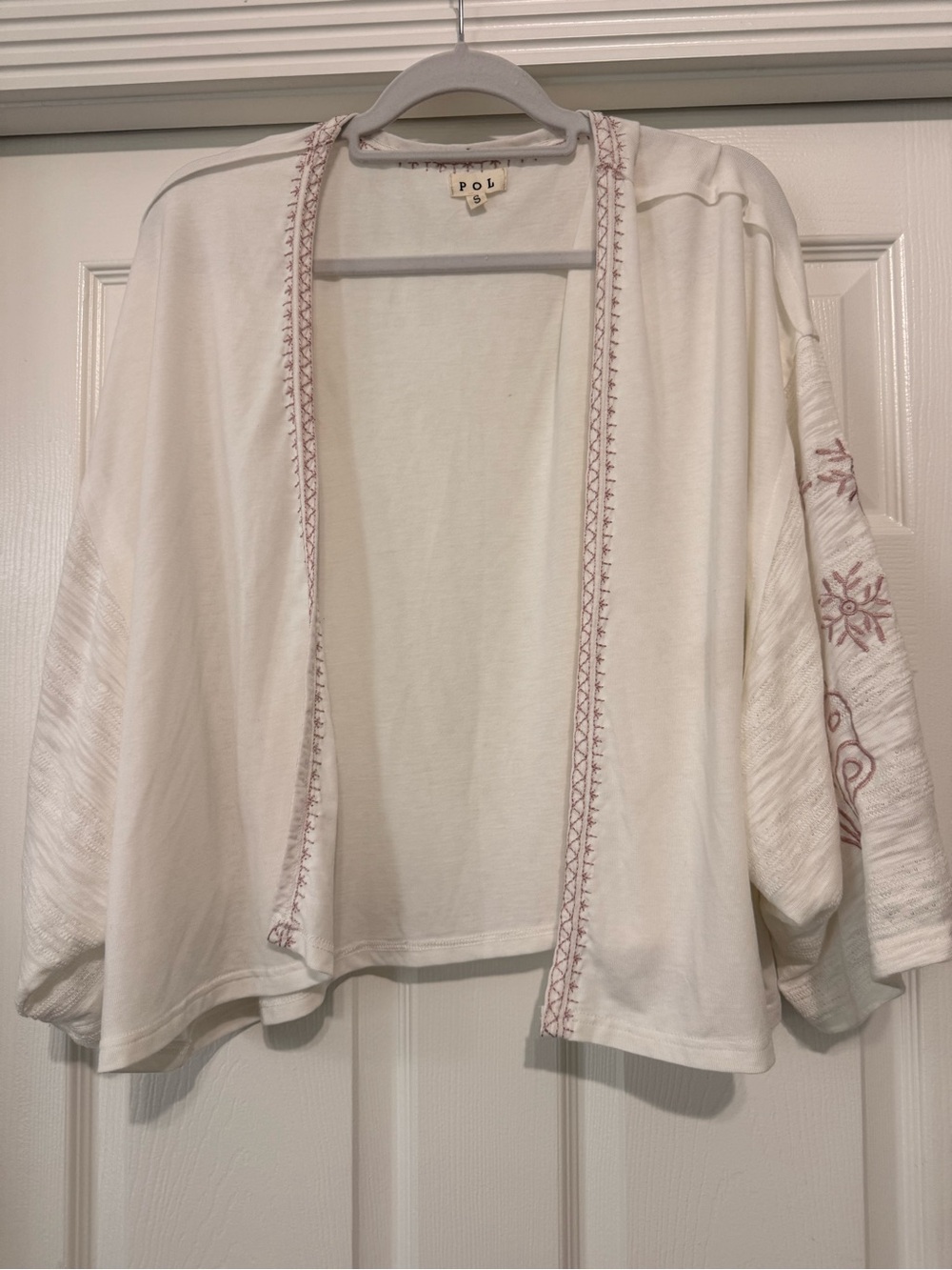 POL Cream Open-Front Cardigan with Pink Embroidery